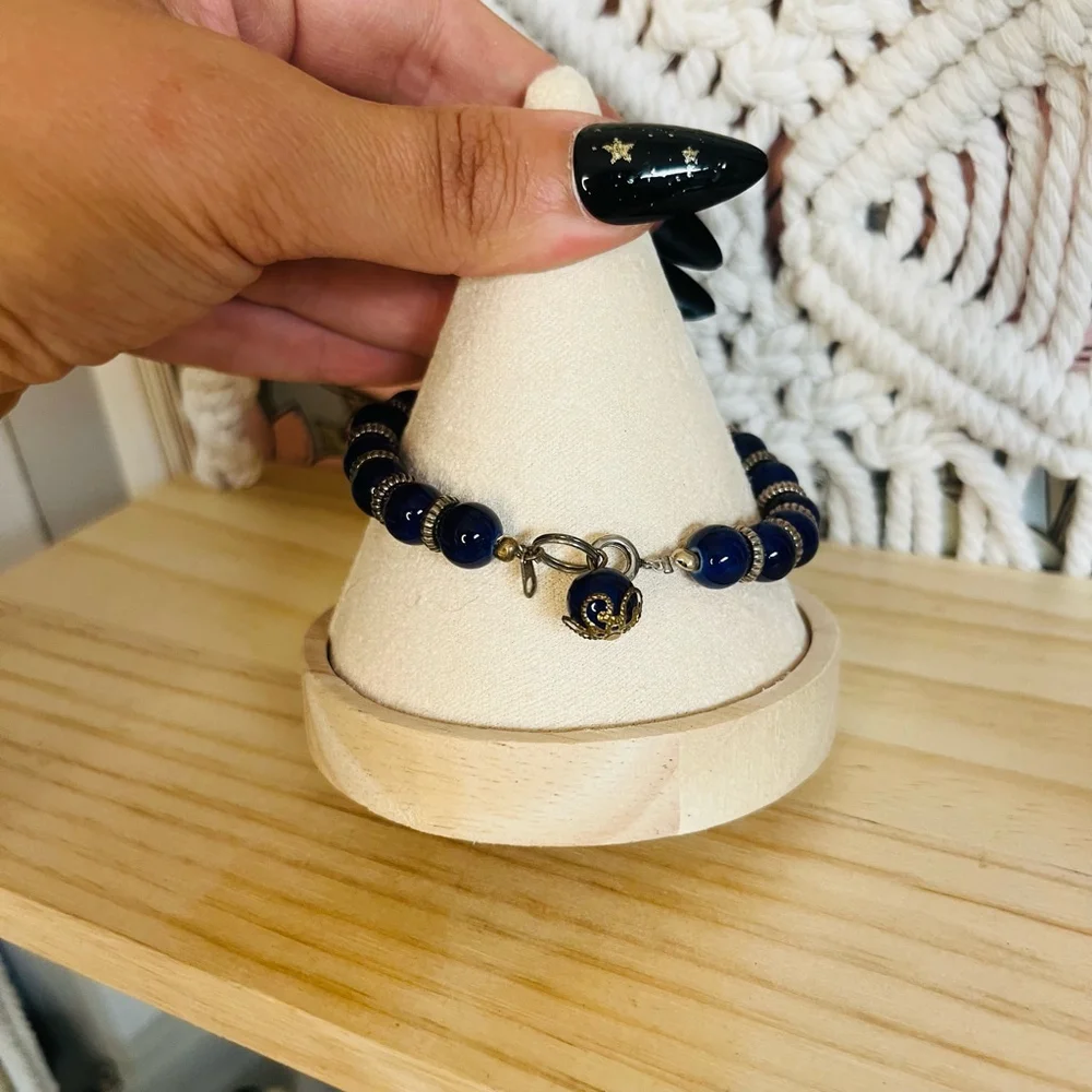Vintage Navy Blue Beaded Bracelet Glass Silver Toned Metal Spacer‎ Beads